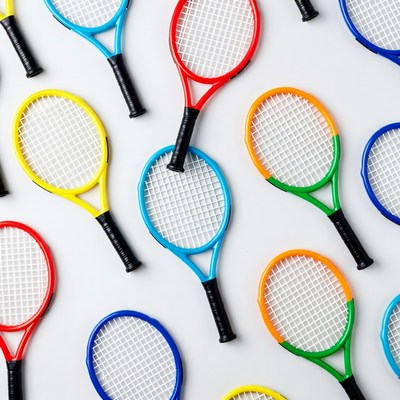 Colorful tennis rackets on display