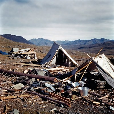 Tents and cooking gear in mountain landscape