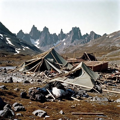 Tents collapse in the mountain landscape