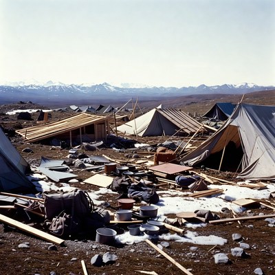 Tents and debris in mountain landscape