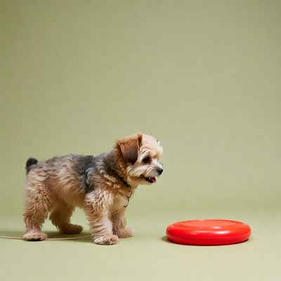 Dog plays with red frisbee indoors