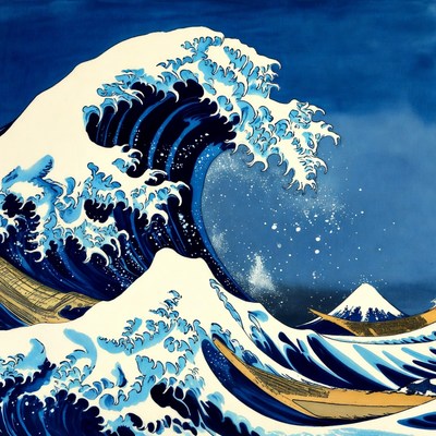 Waves crash near mount fuji