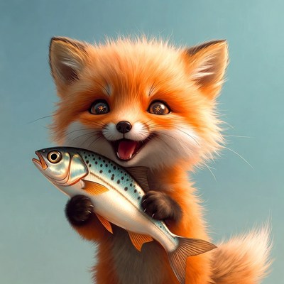 Fox holding a fish in sunlight