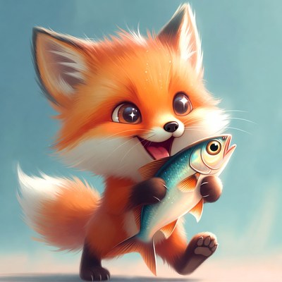 Cute fox holds fish with joy