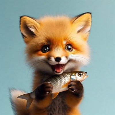 Fox holding fish with a smile