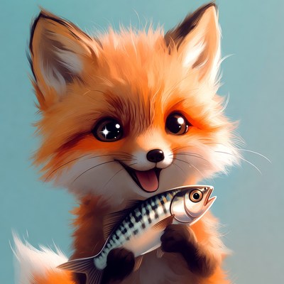 Cute fox holds a fish