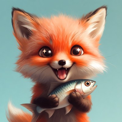 Happy fox holding a fish