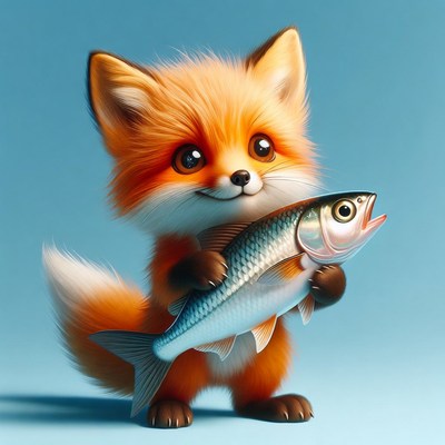 Fox holding fish on a blue background
