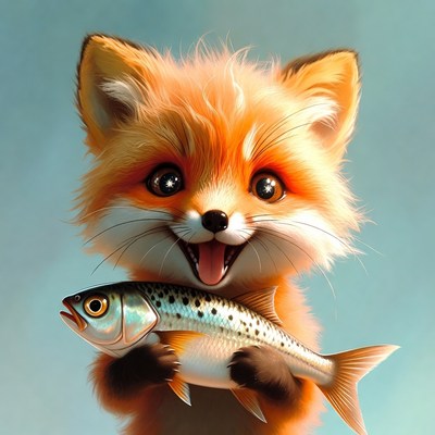 Cute fox holds caught fish