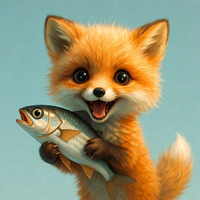 Happy fox holds a fish