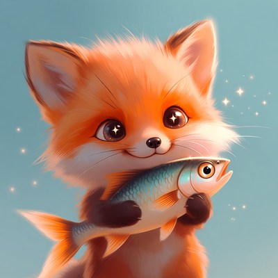 Happy fox holds fish gently