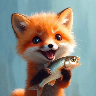 Fox holding fish with a big smile