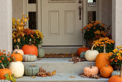 Colorful pumpkins on the front porch
