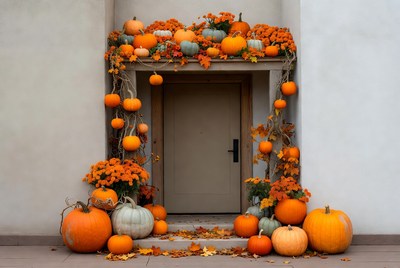 Pumpkin display at doorway in fall