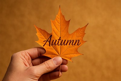 Hand holding autumn leaf with text