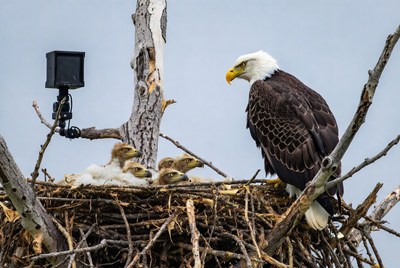 Bald eagle with young chicks in nest