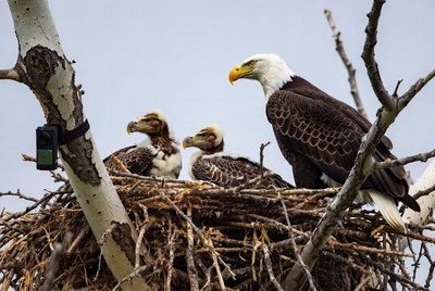 Eagles on nest with young chicks