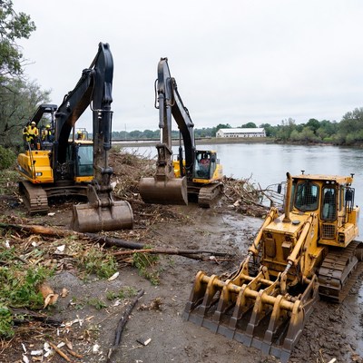 Heavy machinery clears river debris