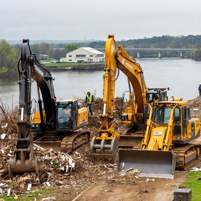 Heavy machinery at river cleanup site
