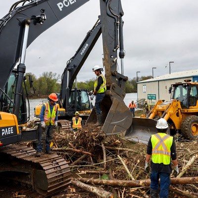 Workers clear debris from river