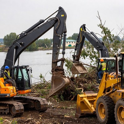 Excavators working near the riverbank
