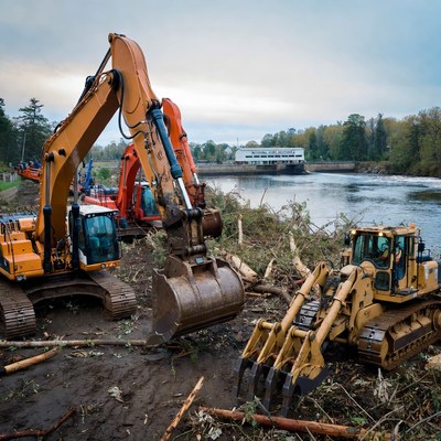 Heavy machinery clears debris near river