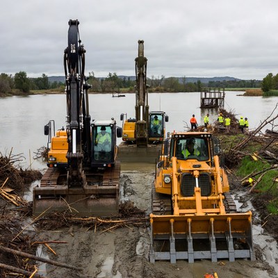 Heavy machinery clears debris from river