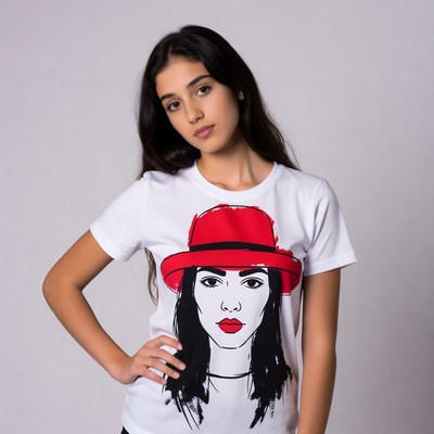 Model wearing white t-shirt with graphic design