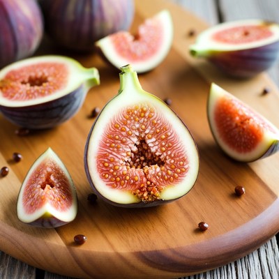 Fresh figs cut on wooden platter