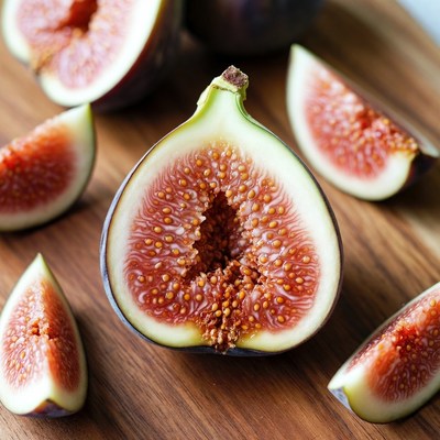 Fresh figs cut on wooden board
