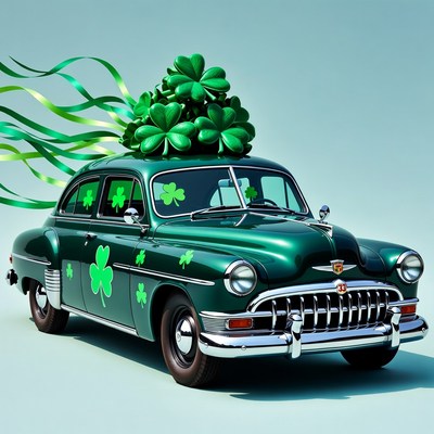 Green car with shamrocks for celebration