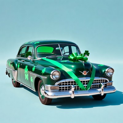 Green car with decoration for celebration
