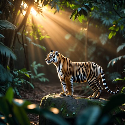 Tiger stands on rock in forest