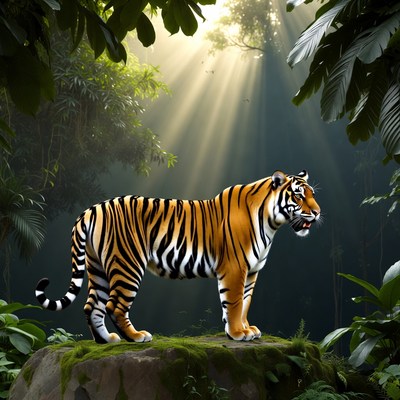 Tiger in lush forest setting at sunrise