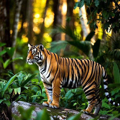 Tiger standing on a stone in the forest