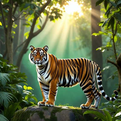 Tiger stands in dense jungle light