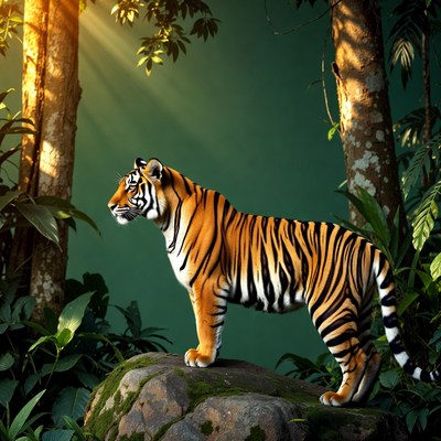 Tiger in jungle at sunset