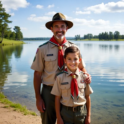 Father and son by the lake