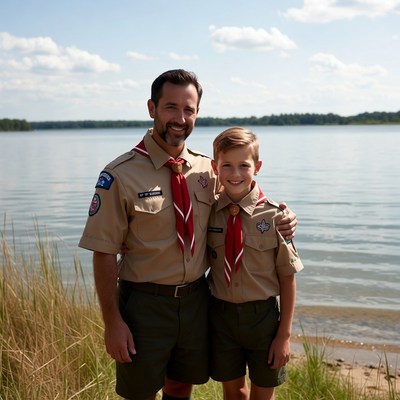 Father and son by the lake