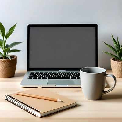 Work space with laptop and plants