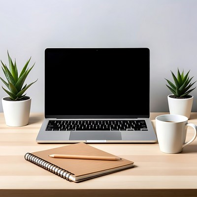 Workspace with laptop, plants, and notebook