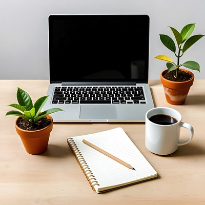 Workspace with plants and laptop