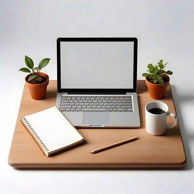 Workspace with laptop and plants