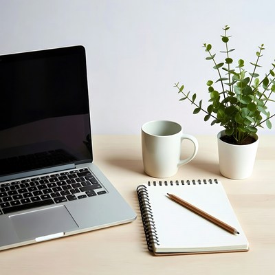 Workspace with laptop and plant