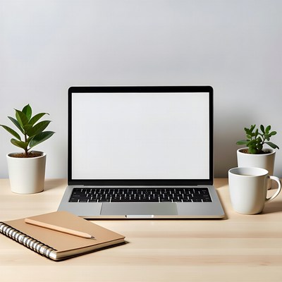 Workspace with laptop and plants