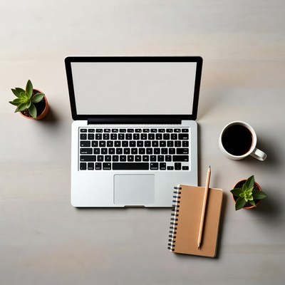 Workspace setup with laptop and coffee