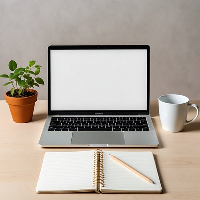 Workspace with laptop and notebook