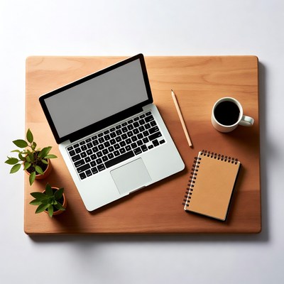 Workspace setup with laptop and plants