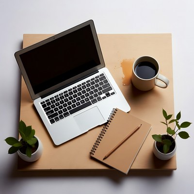 Working desk with laptop and coffee