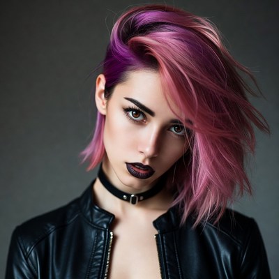 Model with pink hair and dark lipstick